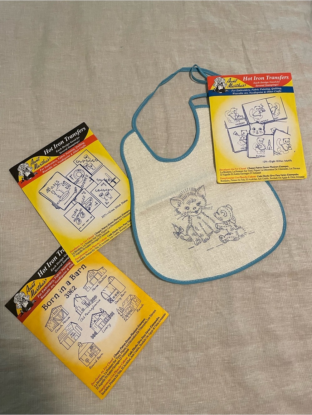 Vintage baby bib Hot Iron Transfer Barn kitchen towel embroidery Aunt Martha’s